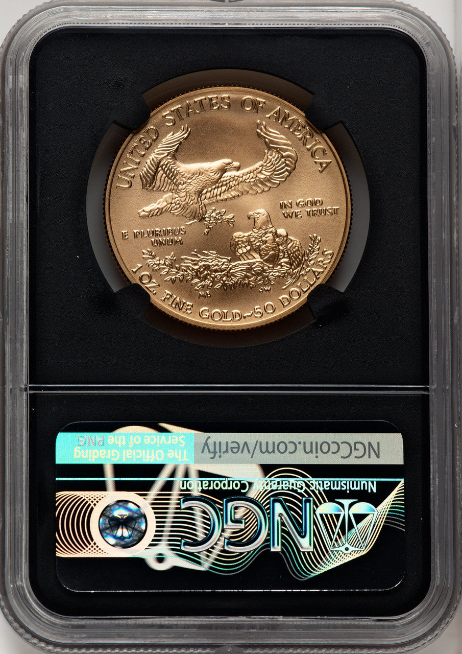 2018-W G$50 One Ounce Burnished Gold Eagle First Day of Issue FDI Gold Foil NGC MS70