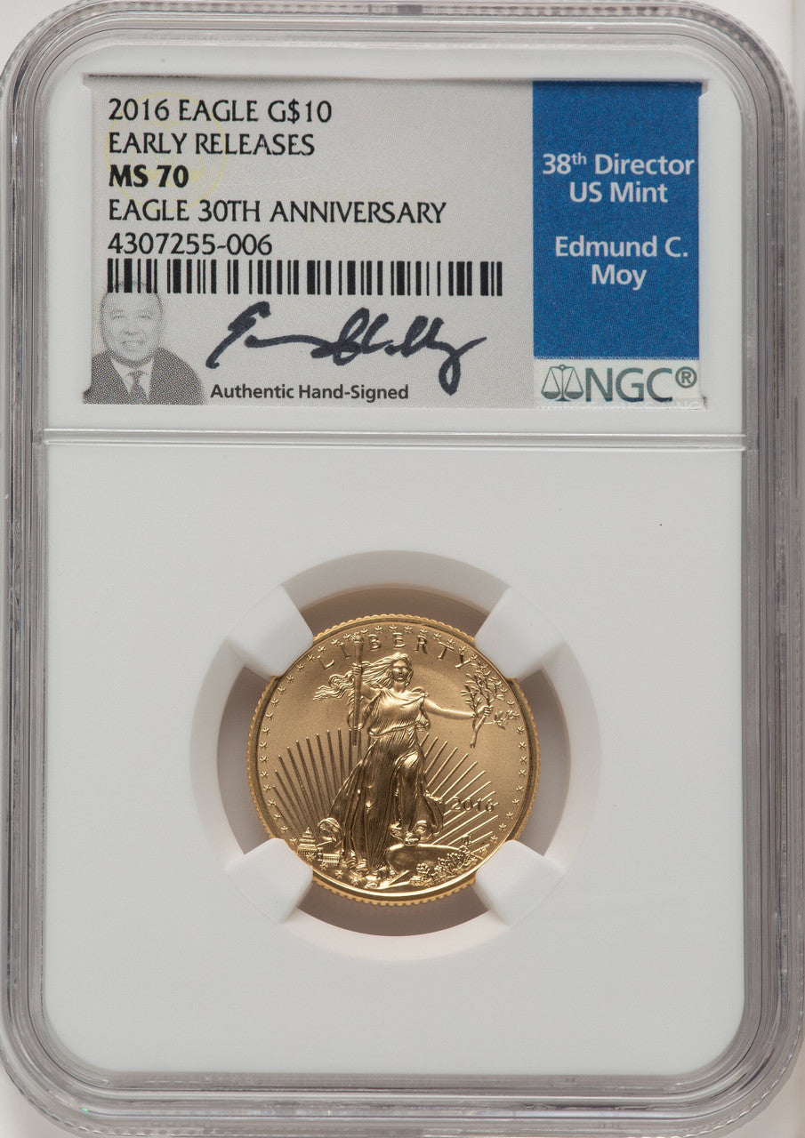 2016 $10 Quarter-Ounce Gold Eagle 30th Anniversary First Strike ER Ed Moy NGC MS70
