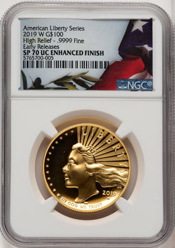 2019-W G$100 American Liberty High Relief Enhanced UC ER Bunting Flag NGC MS70
