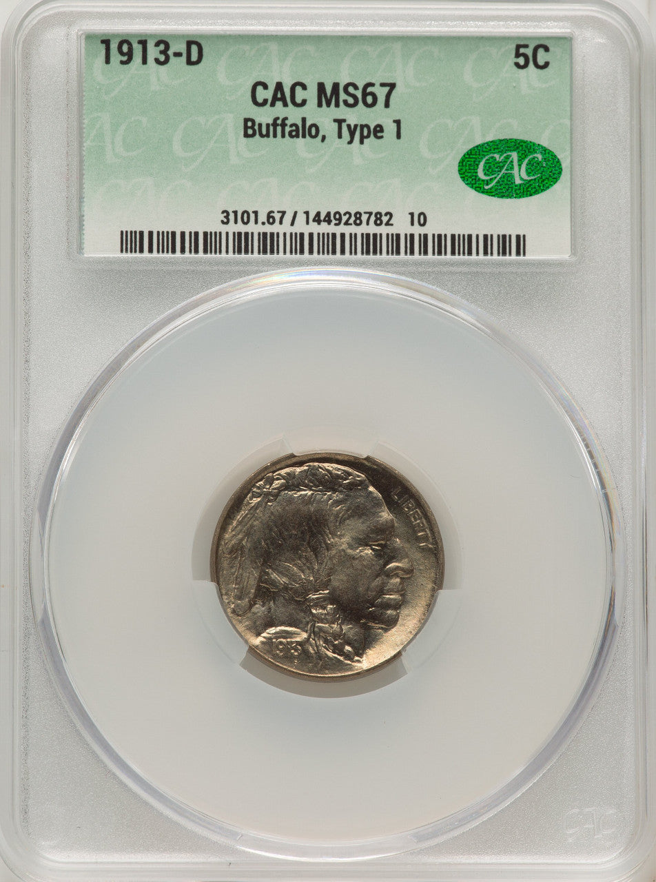 1913-D Type One 5C Buffalo Nickel CACG MS67