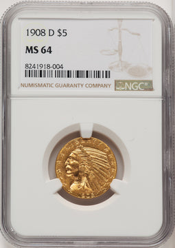 1908-D $5 Indian Half Eagle NGC MS64 (771393006)