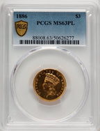 1886 $3 PL Three Dollar Gold Pieces PCGS MS63