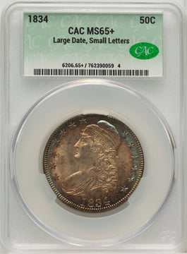 1834 50C Lg Date Small Letter CACG Plus Bust Half Dollar CACG MS65+