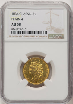 1834 $5 PLAIN 4 Classic Half Eagle NGC AU58 (772471015)