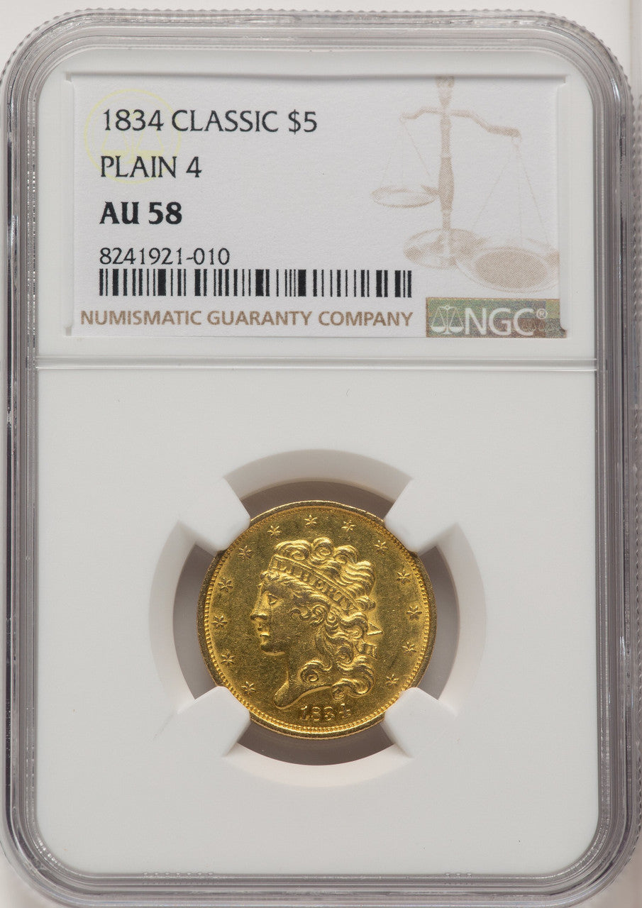 1834 $5 PLAIN 4 Classic Half Eagle NGC AU58 (772471015)
