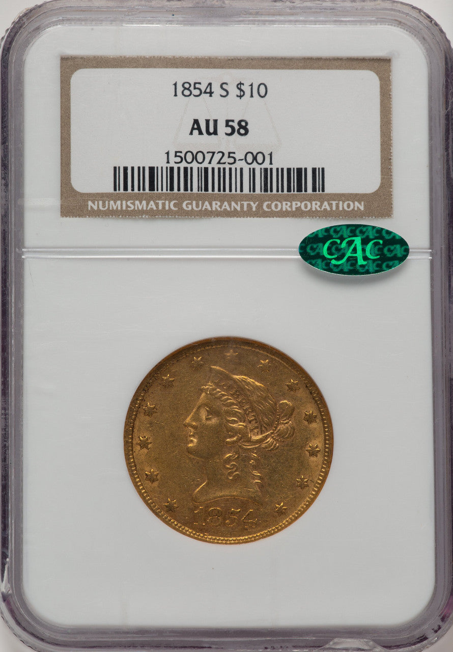 1854-S $10 CAC Brown Label Liberty Eagle NGC AU58