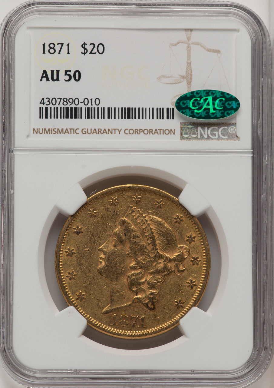 1871 $20 CAC Brown Label Liberty Double Eagle NGC AU50