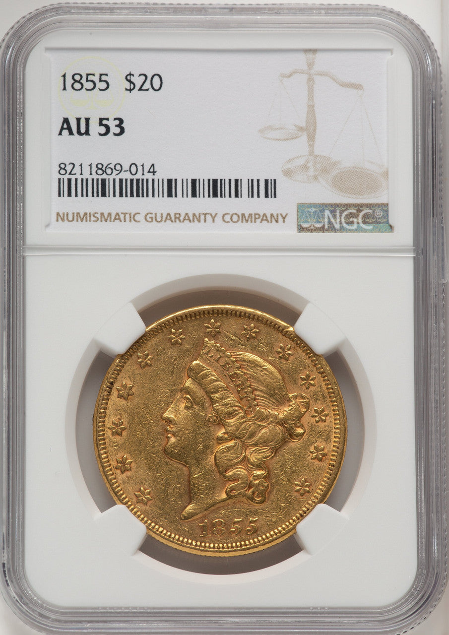 1855 $20 Liberty Double Eagle NGC AU53