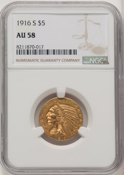 1916-S $5 Indian Half Eagle NGC AU58 (572251027)