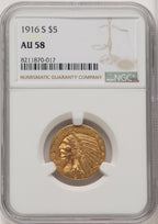 1916-S $5 Indian Half Eagle NGC AU58 (572251027)