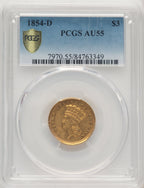 1854-D $3 Three Dollar Gold Pieces PCGS AU55
