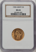 1908 $5 Liberty Liberty Half Eagle NGC MS65