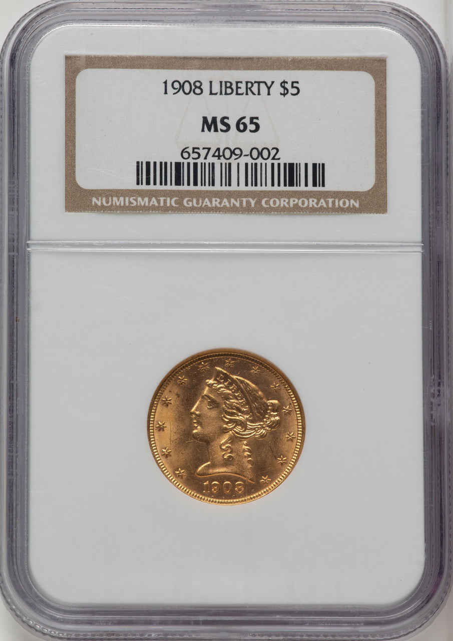 1908 $5 Liberty Liberty Half Eagle NGC MS65