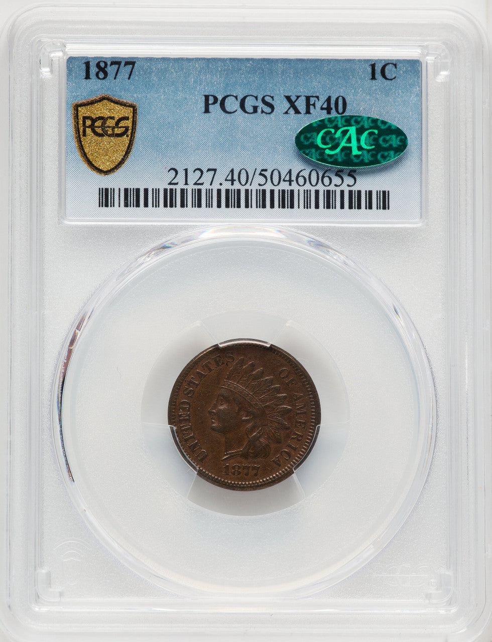 1877 1C BN CAC Indian Cent PCGS XF40