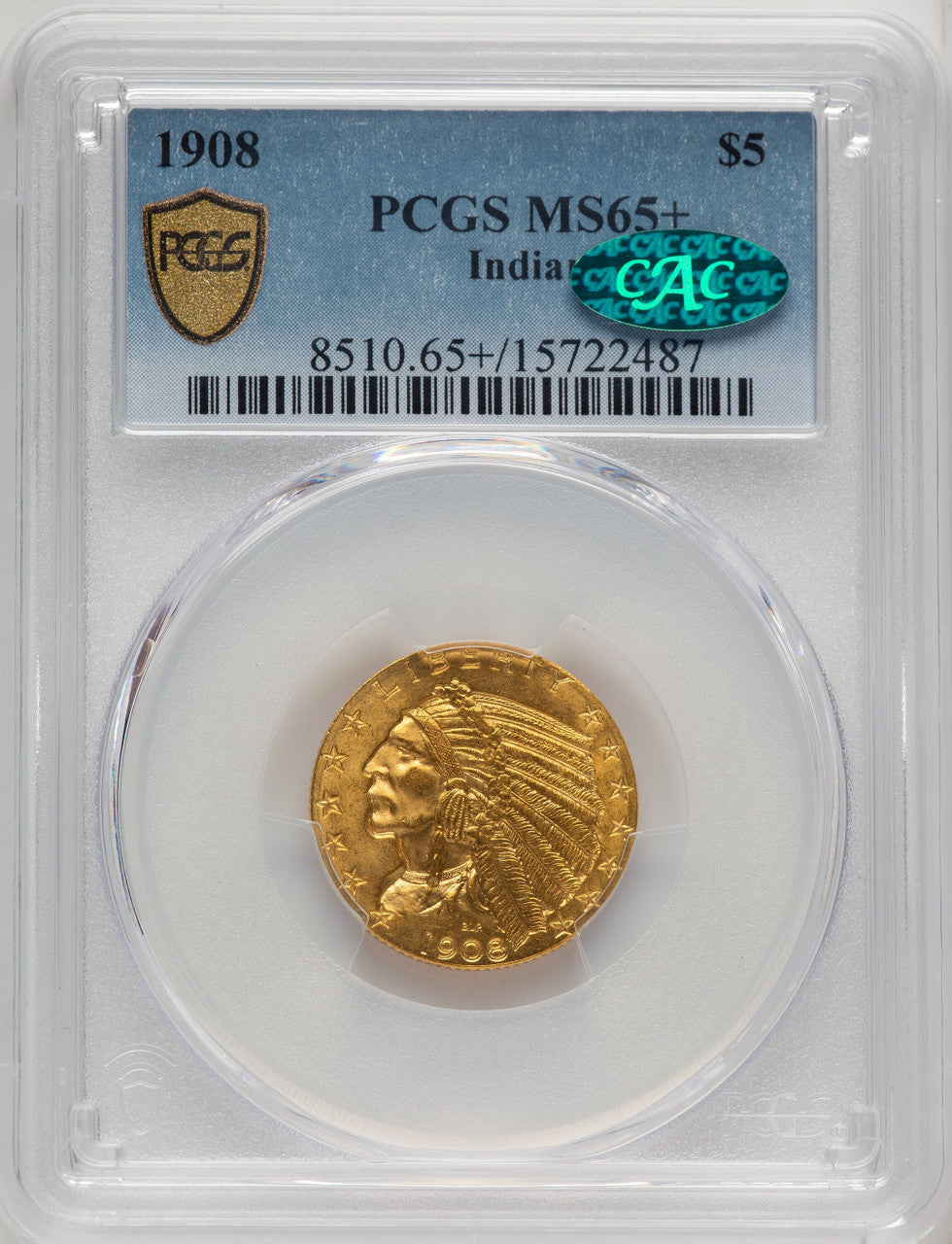 1908 $5 Indian CAC Indian Half Eagle PCGS MS65+
