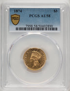 1874 $3 Three Dollar Gold Pieces PCGS AU58