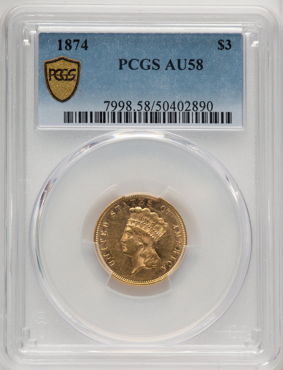 1874 $3 Three Dollar Gold Pieces PCGS AU58