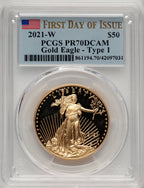 2021-W $50 One Ounce Gold Eagle Type One First Day of Issue FDI Flag PCGS PR70 (766691006)