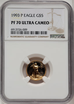 1993-P $5 Tenth-Ounce Gold Eagle Brown Label NGC PF70 (773914002)