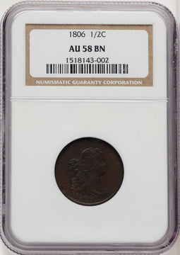 1806 1/2 C Large 6 Stems BN Half Cent NGC AU58