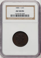 1806 1/2 C Large 6 Stems BN Half Cent NGC AU58