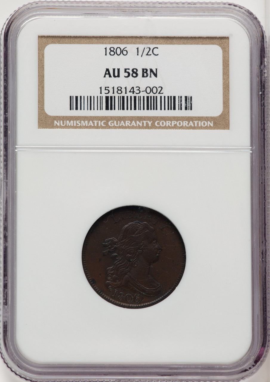 1806 1/2 C Large 6 Stems BN Half Cent NGC AU58