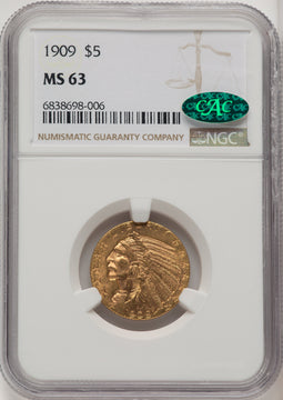 1909 $5 CAC Indian Half Eagle NGC MS63