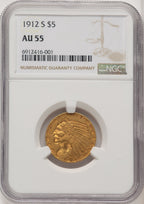 1912-S $5 Brown Label Indian Half Eagle NGC AU55
