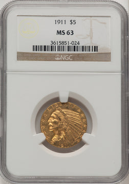 1911 $5 Brown Label Indian Half Eagle NGC MS63
