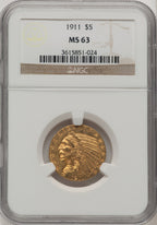 1911 $5 Brown Label Indian Half Eagle NGC MS63