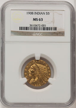 1908 $5 Indian Brown Label Indian Half Eagle NGC MS63