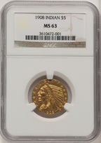 1908 $5 Indian Brown Label Indian Half Eagle NGC MS63