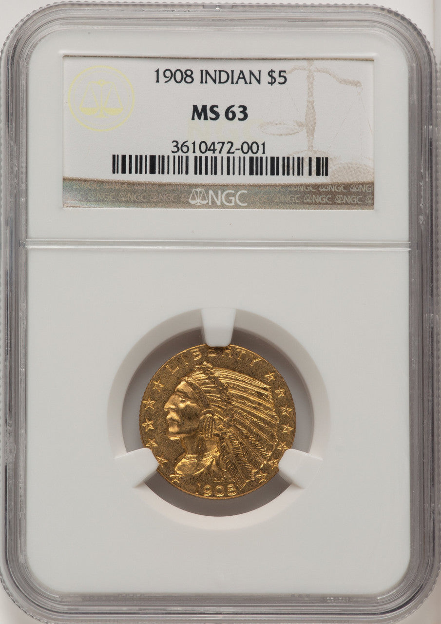 1908 $5 Indian Brown Label Indian Half Eagle NGC MS63