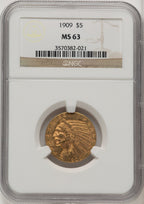 1909 $5 Brown Label Indian Half Eagle NGC MS63