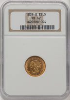 1859-S $2.50 Liberty Quarter Eagle NGC MS62