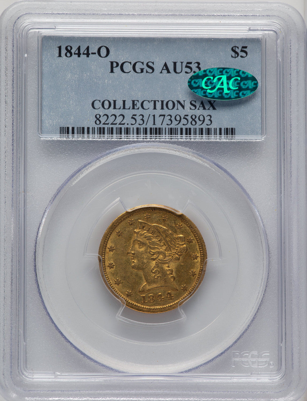 1844-O $5 CAC Liberty Half Eagle PCGS AU53