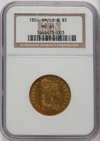1804 $5 Small 8 Over Large 8 Early Half Eagle NGC MS61