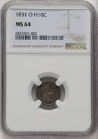 1851-O H10C Seated Half Dime NGC MS64