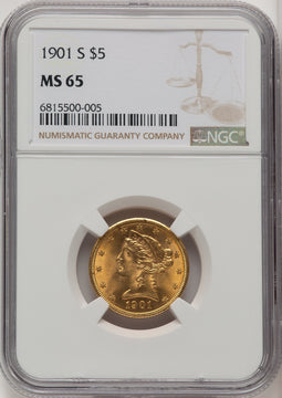 1901-S $5 Brown Label Liberty Half Eagle NGC MS65 (773428003)