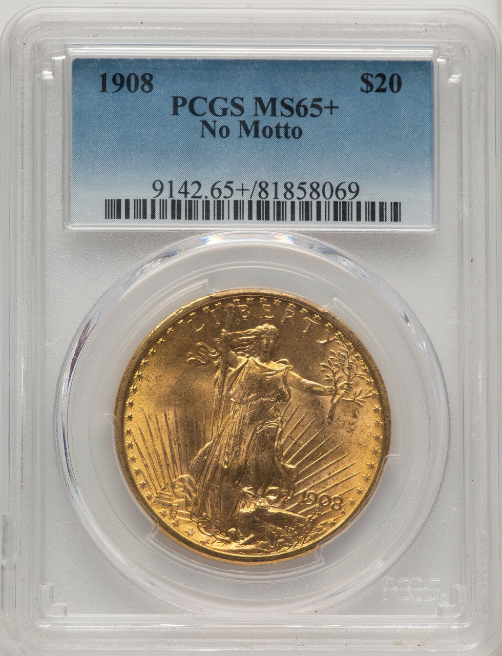 1908 $20 NO MOTTO Saint-Gaudens Double Eagle PCGS MS65+ (773481131)