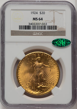 1924 $20 Saint CAC Brown Label Saint-Gaudens Double Eagle NGC MS64 (773438006)