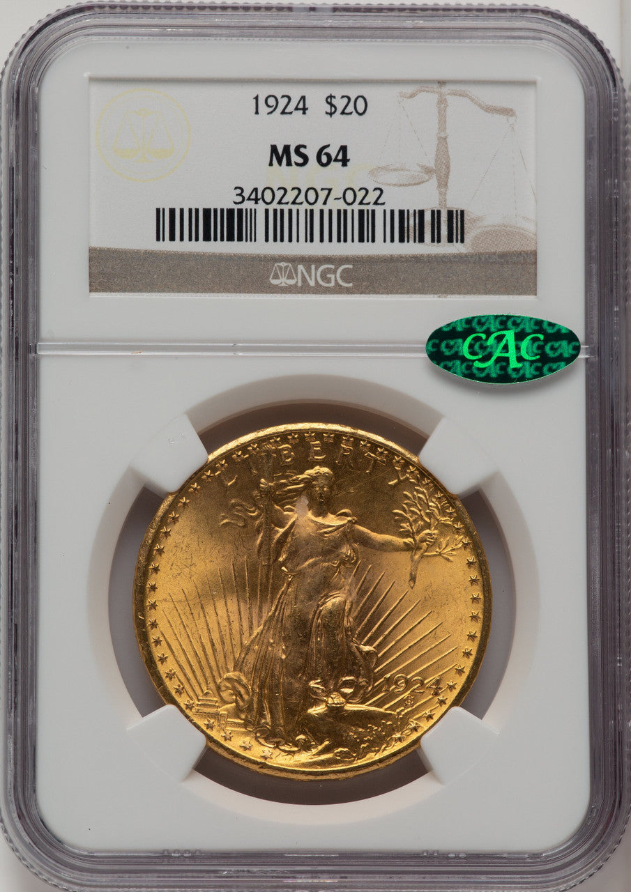 1924 $20 Saint CAC Brown Label Saint-Gaudens Double Eagle NGC MS64 (773438006)