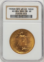 1908 NM $20 Wells Fargo Saint-Gaudens Double Eagle NGC MS68 (774243001)