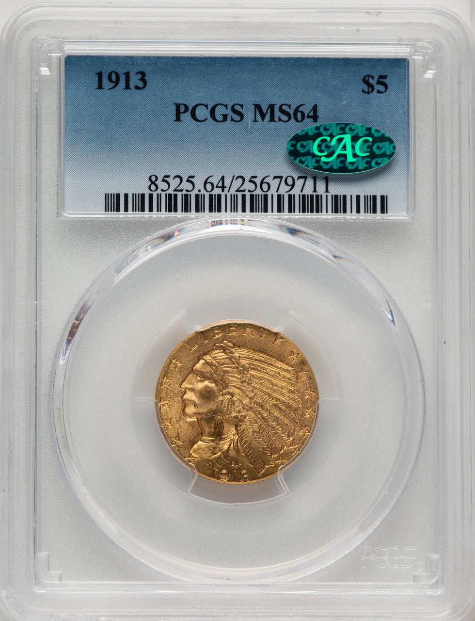 1913 $5 CAC Indian Half Eagle PCGS MS64