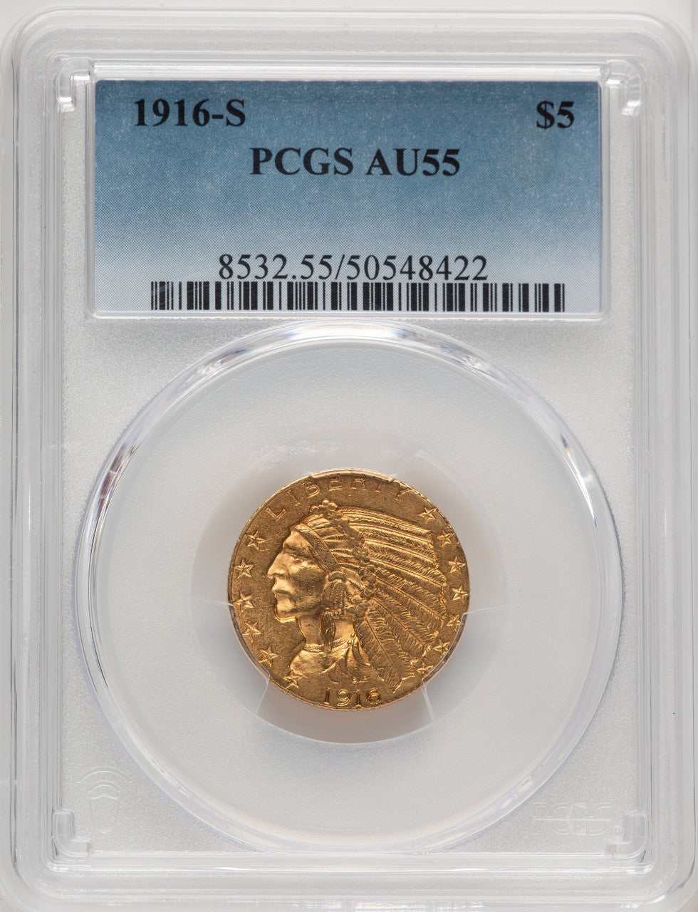 1916-S $5 Indian Half Eagle PCGS AU55