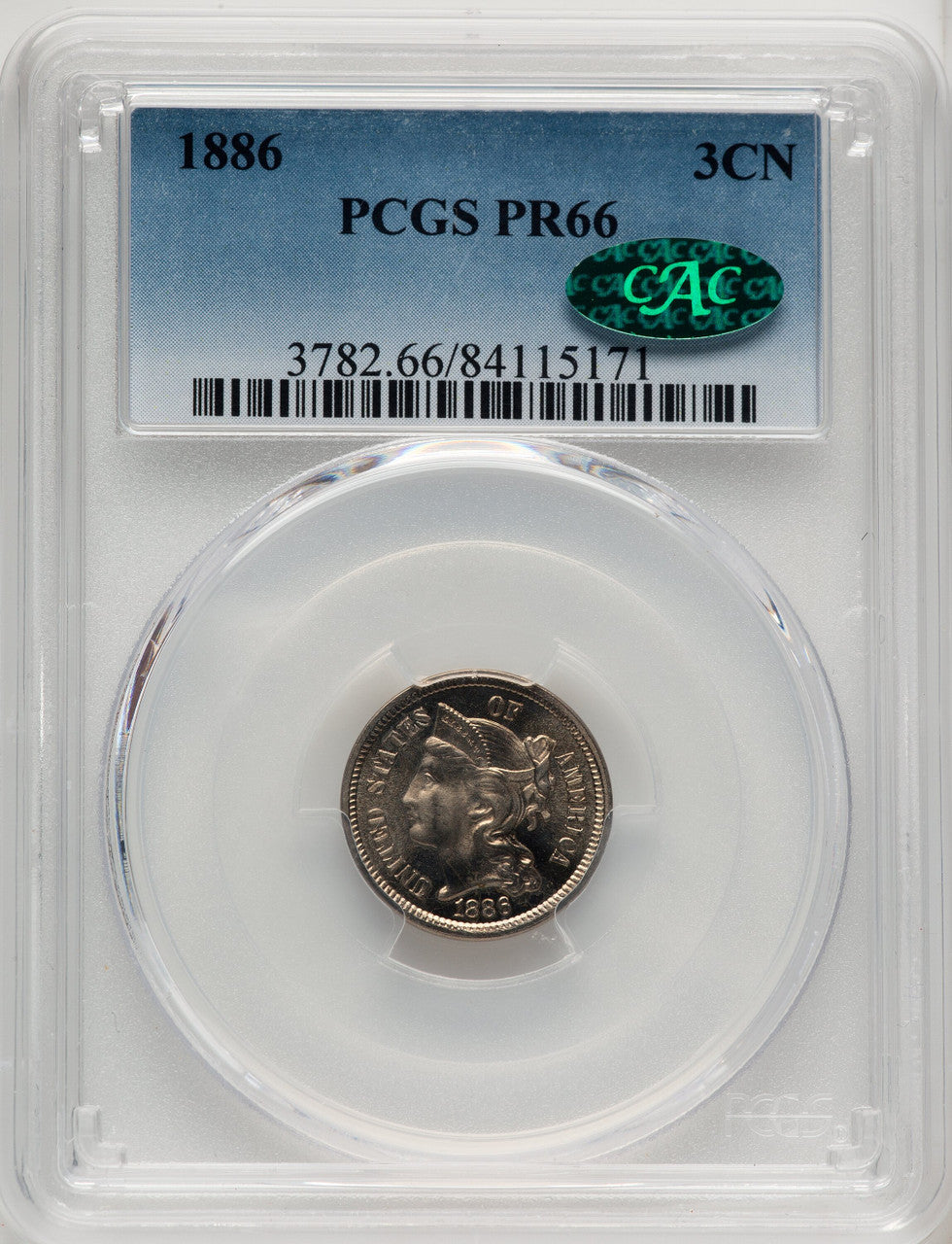1886 3CN CAC Proof Three Cent Nickel PCGS PR66