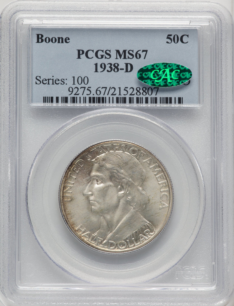 1938-D 50C Boone CAC Commemorative Silver PCGS MS67 (773879005)