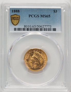 1888 $3 Three Dollar Gold Pieces PCGS MS65