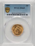 1888 $3 Three Dollar Gold Pieces PCGS MS65