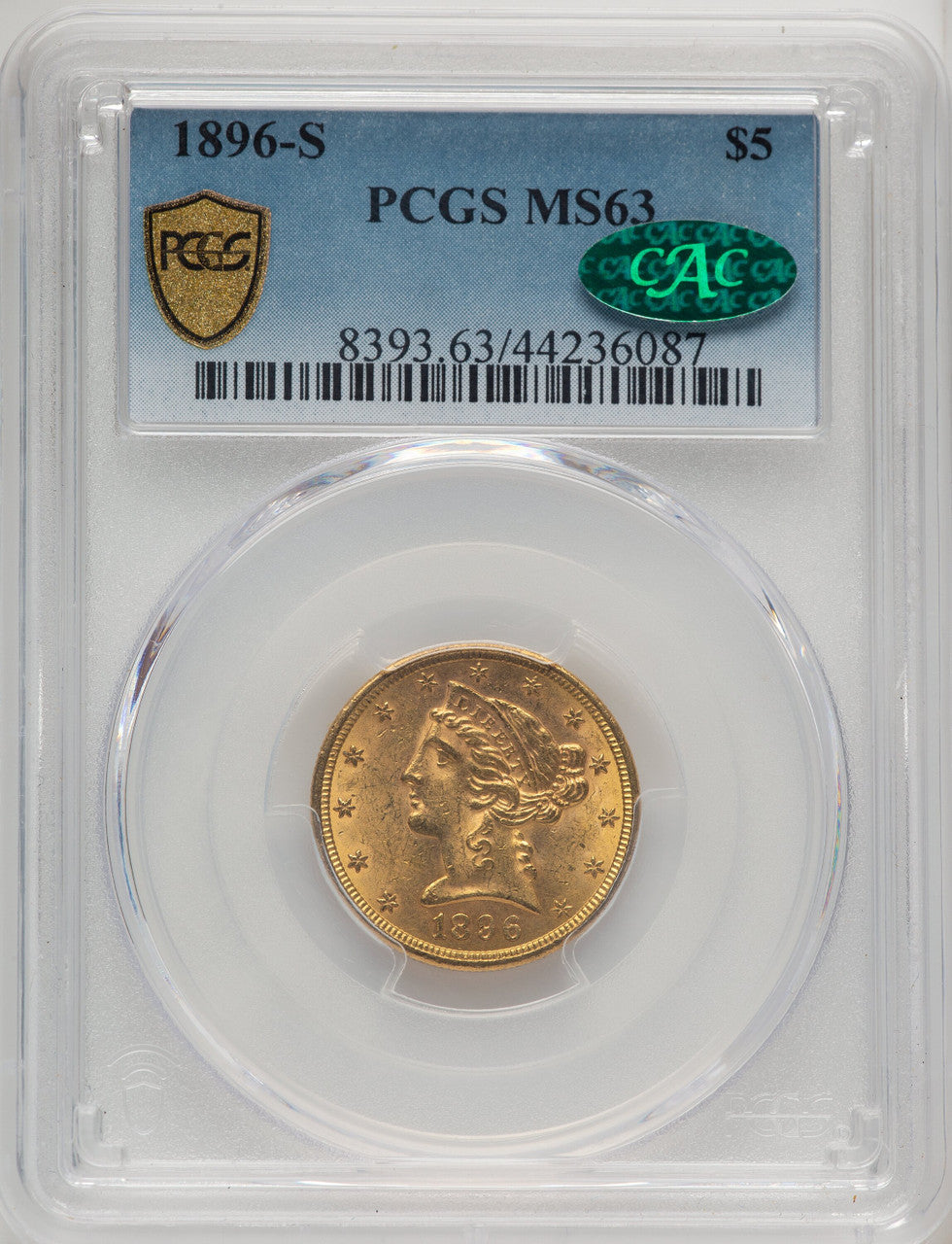 1896-S $5 CAC Liberty Half Eagle PCGS MS63